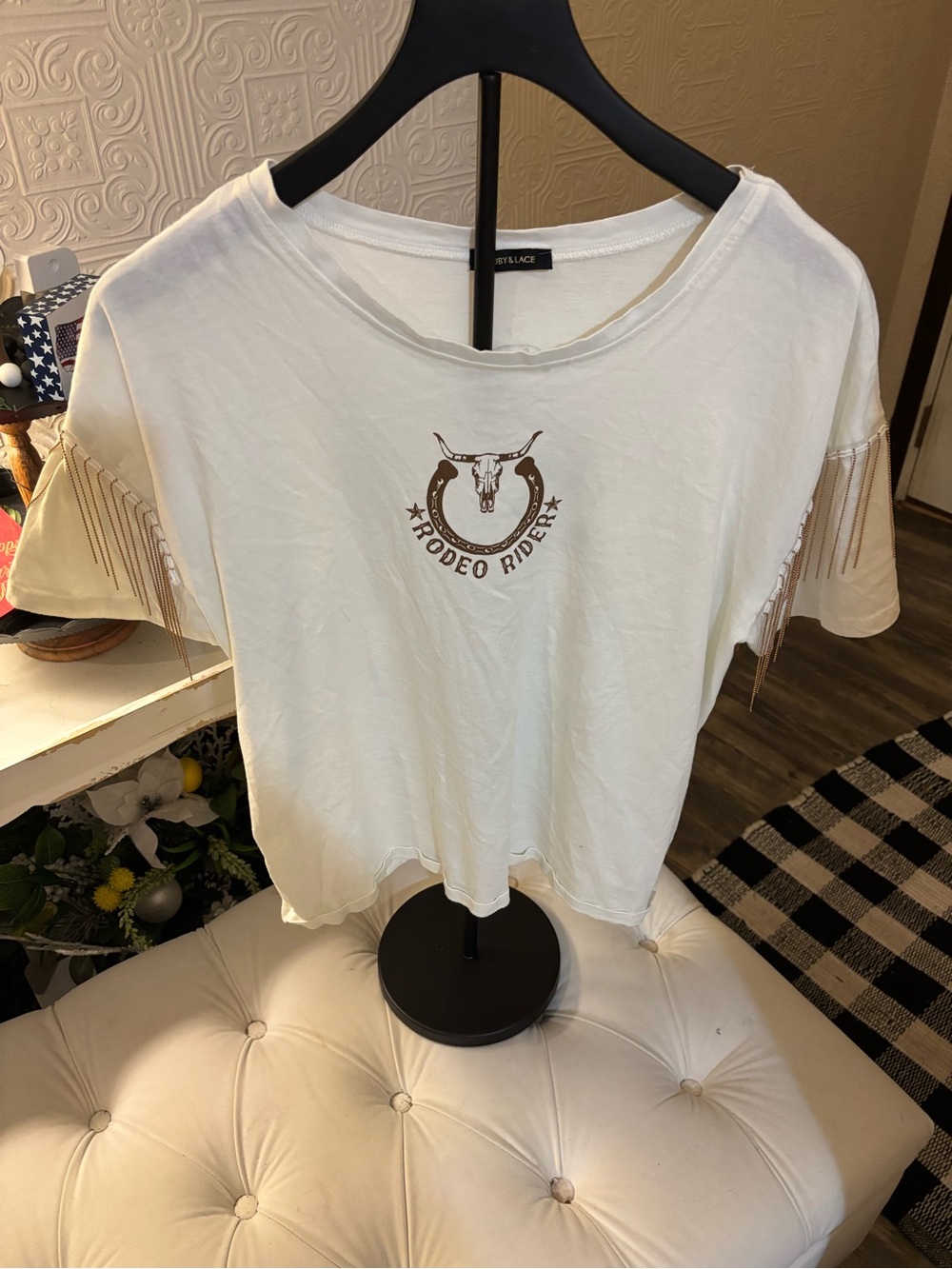 Rodeo Rider Cream Graphic Fringe-Sleeve Tee